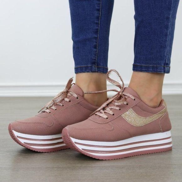 Shoes - Glittery Pink & White Chunky Platform Sneakers